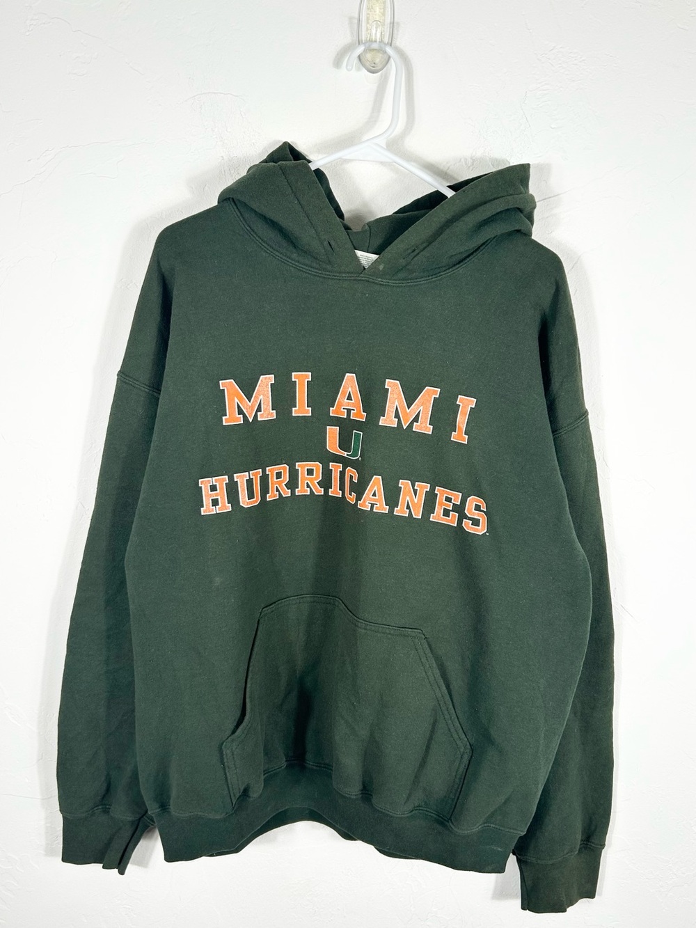 👁️ Vintage Miami Hurricanes Hoodie Large Green Arched Spellout College Pullover